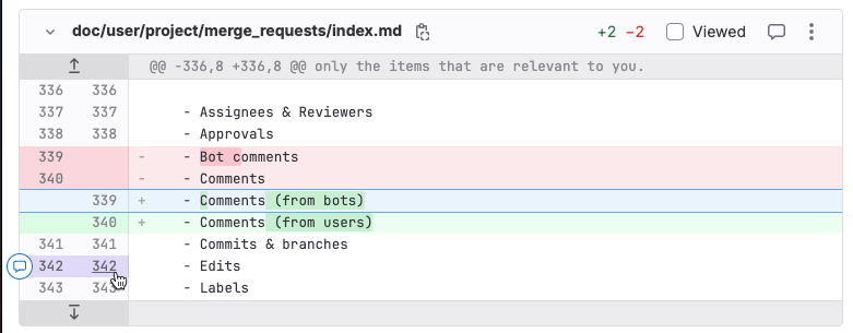 Example screenshot of a source code diff